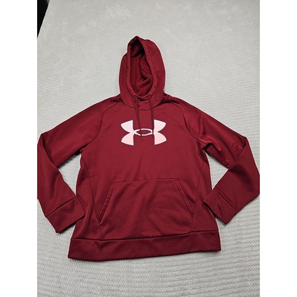 Under Armour Sweatshirt Womens Medium Maroon Hooded Pullover Big Logo Print